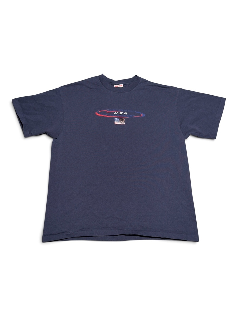 Vintage SOFTEE USA Graphic Single Stitch T-Shirt XL Navy Blue Cotton XL